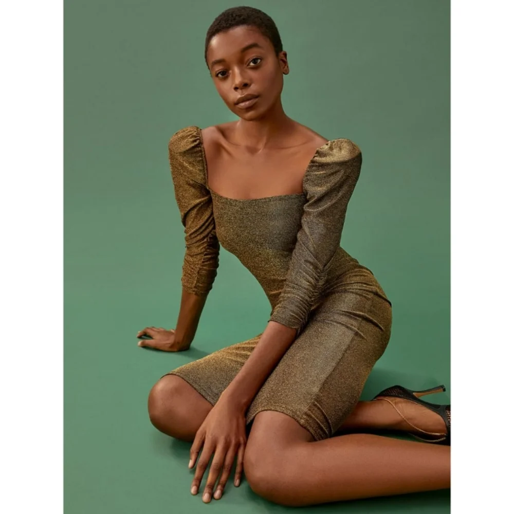 Reformation 'Rahm' Ruched Puff Sleeve Dress in Bronze Sparkle Size XS - Picture 2 of 13